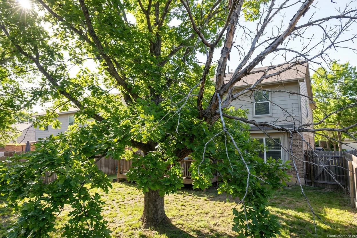 Oak tree with extensive crown dieback showing over 30% dead branches indicating tree decline
