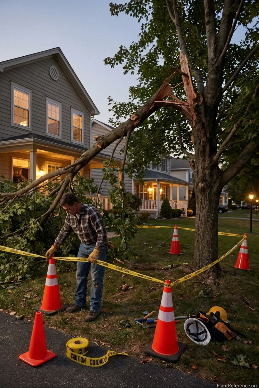 Homeowner establishing safety perimeter around storm-damaged tree with barriers and caution tape