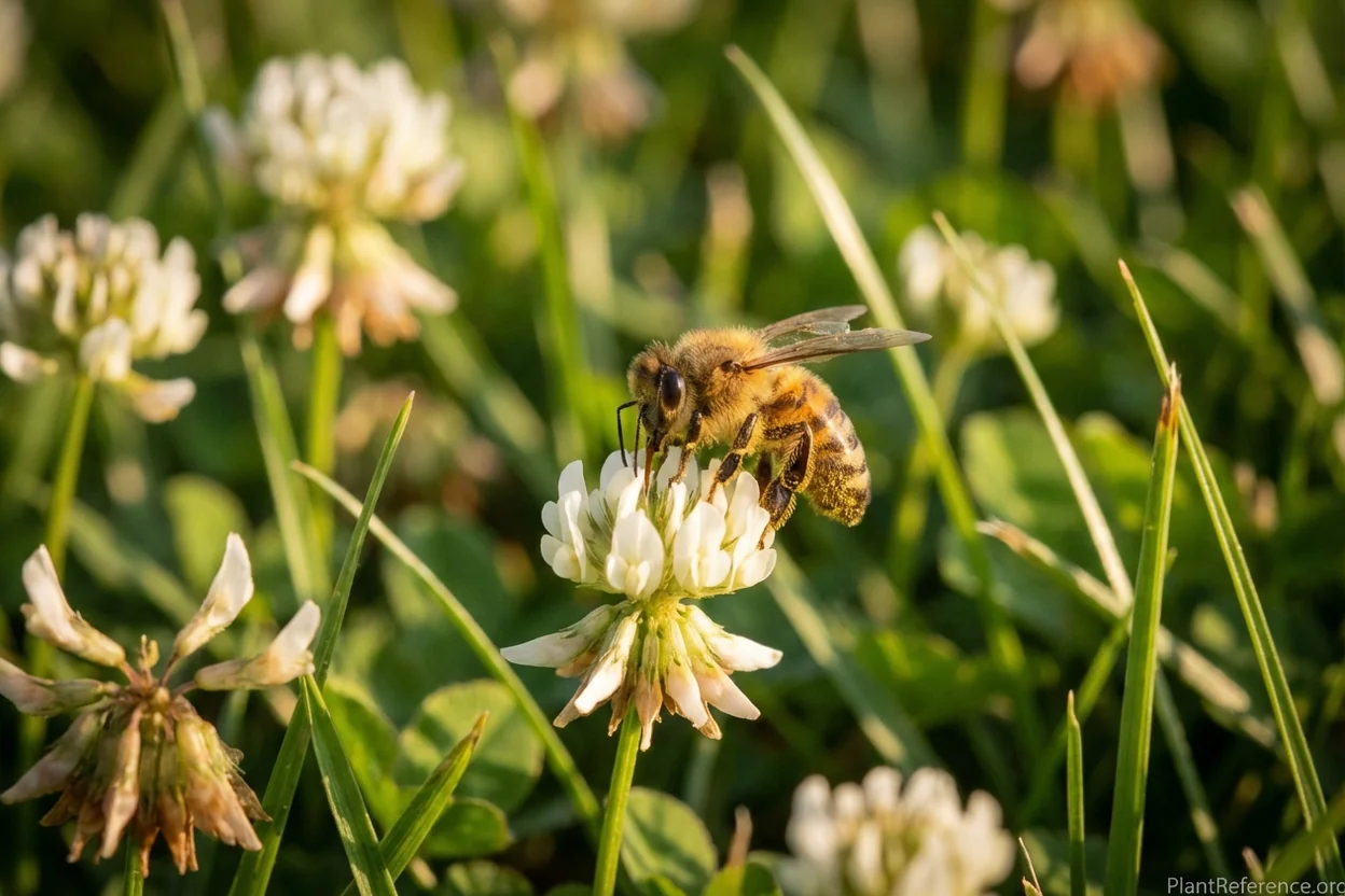 Honeybee pollinating a white clover flower in a residential clover-grass lawn blend