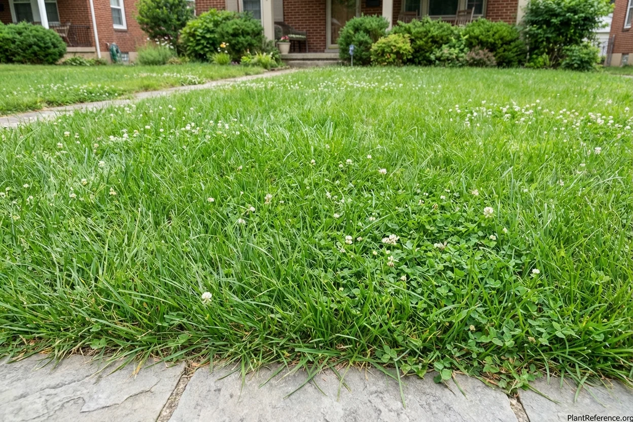 Mixed white clover and tall fescue lawn showing integrated appearance in residential yard