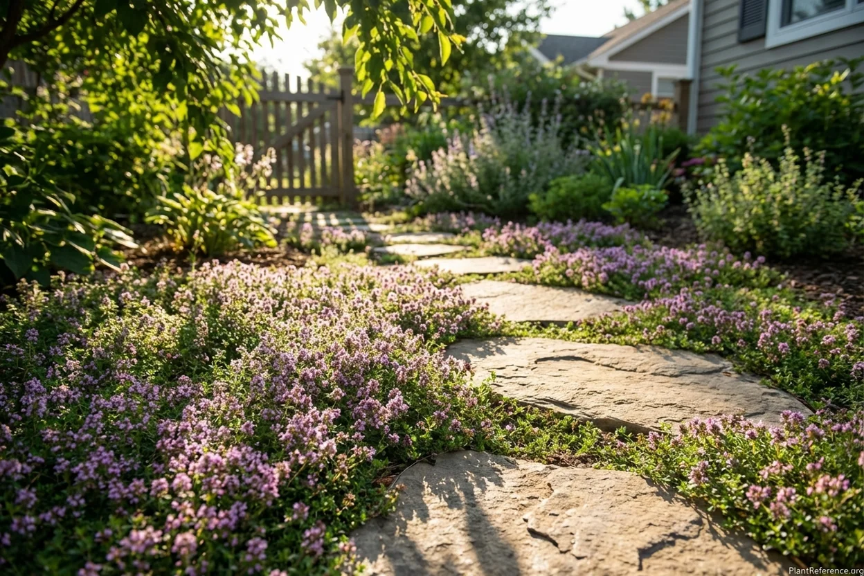 Creeping thyme groundcover with purple flowers growing between stepping stones in garden path