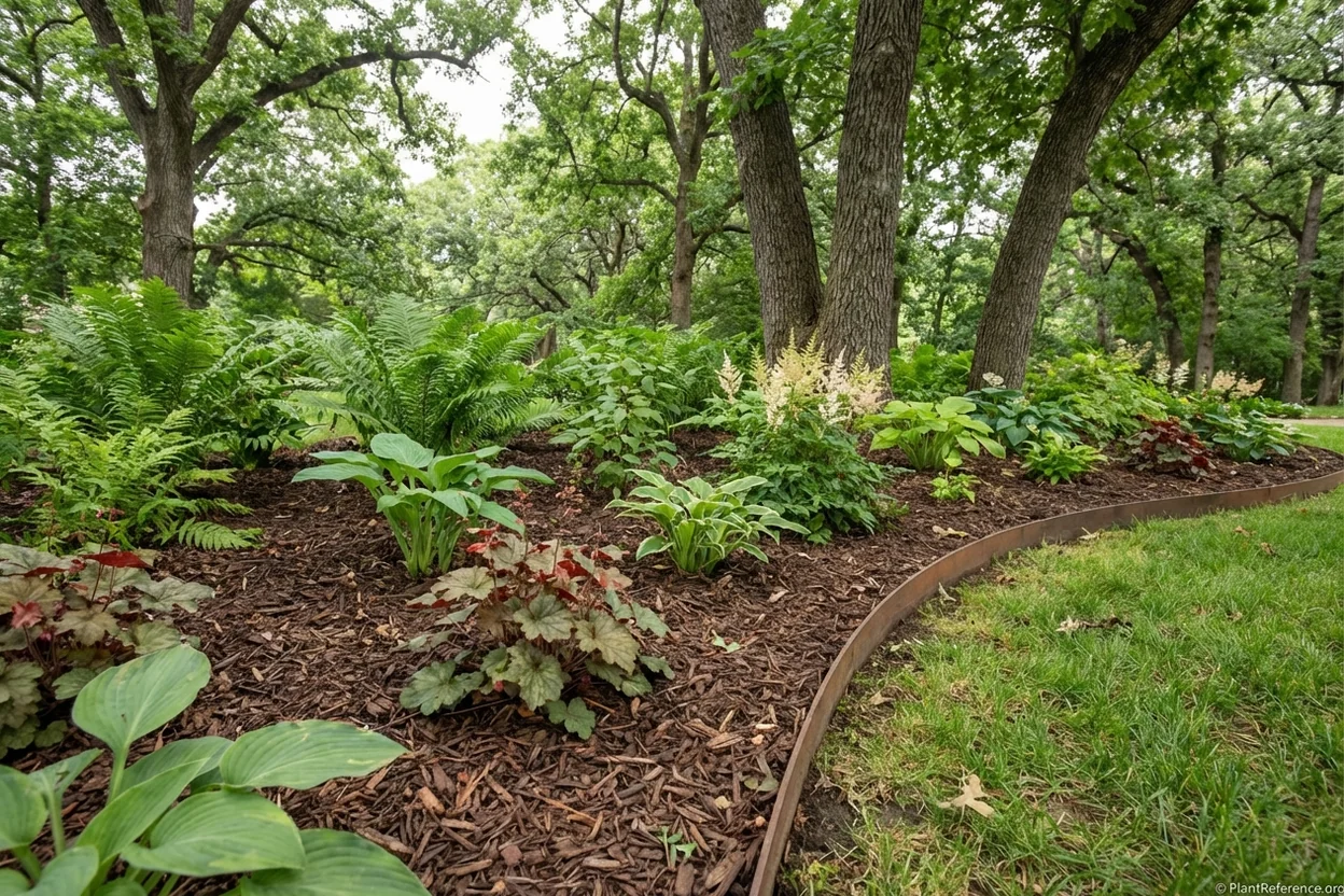 Garden bed with mulch and native plants replacing failed lawn under trees with clean landscape edging