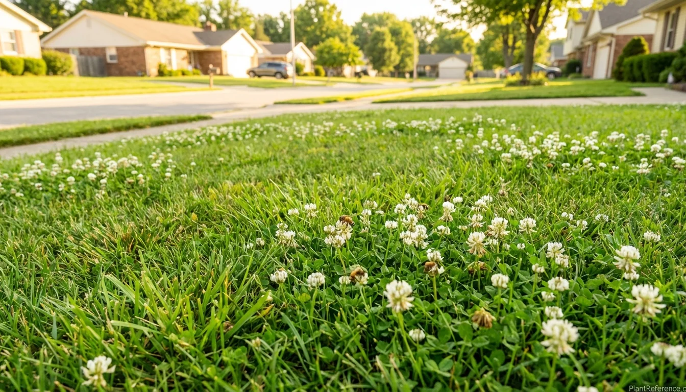 White clover and grass mixed lawn with clover flowers blooming in a residential front yard