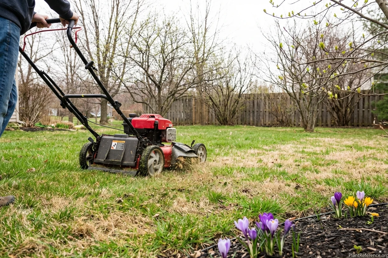 First spring mow of cool-season lawn cutting winter-damaged brown tips at 3-inch height