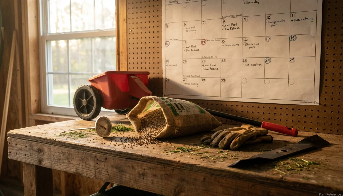 Monthly lawn care schedule with tools representing seasonal tasks for cool-season grass maintenance