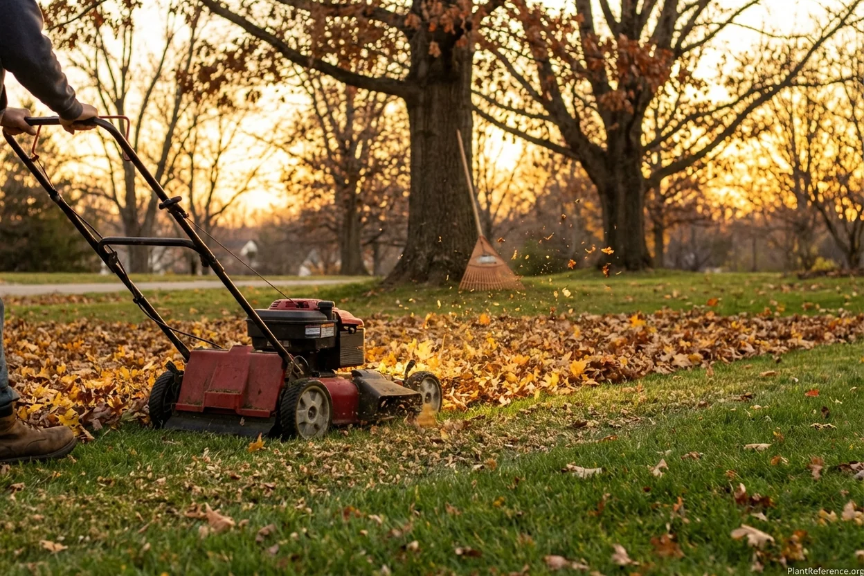 Lawn mower mulching fallen leaves into fine pieces on cool-season grass in late fall