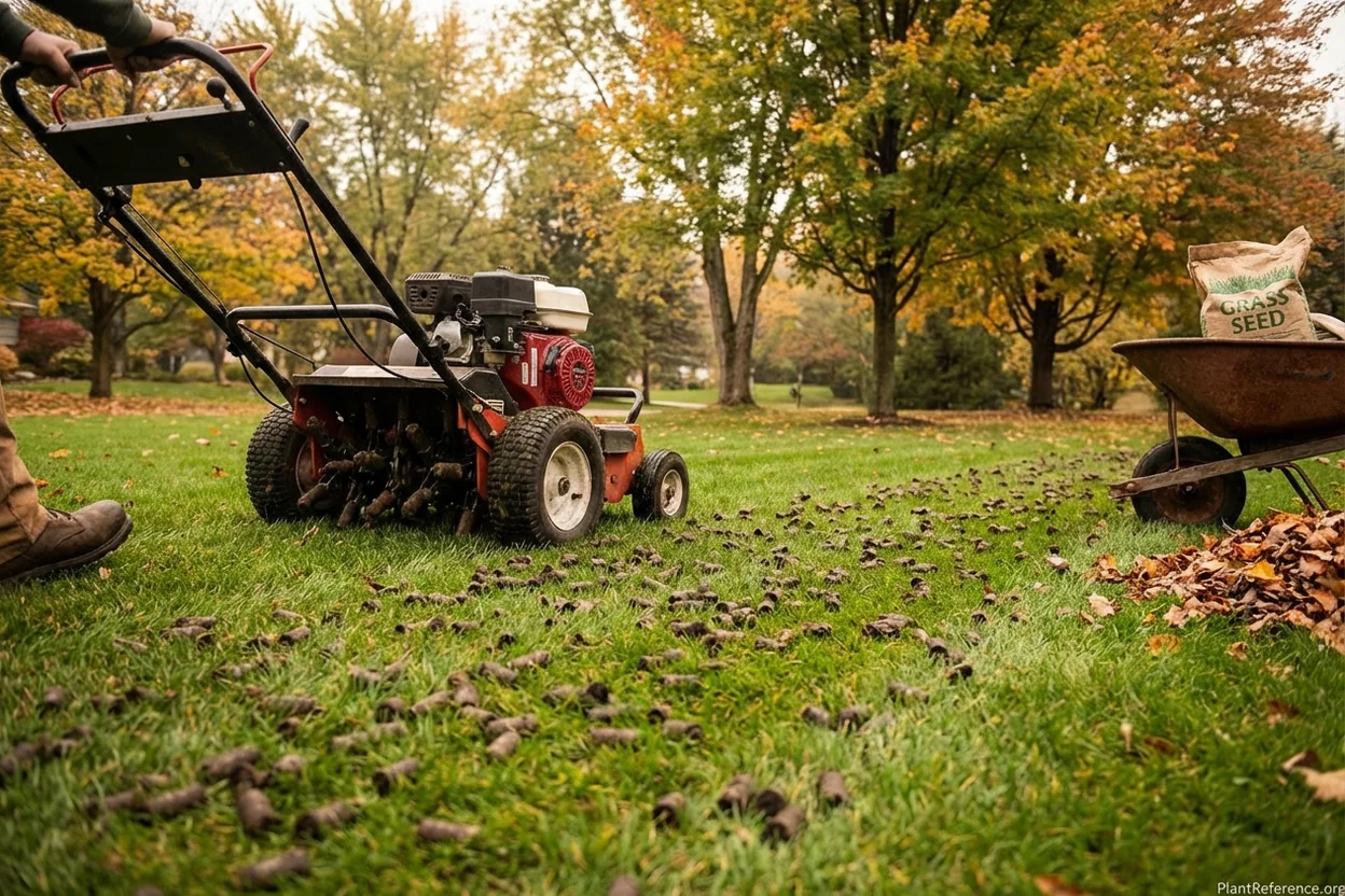 Core aerator machine creating soil plugs on cool-season lawn during September aeration