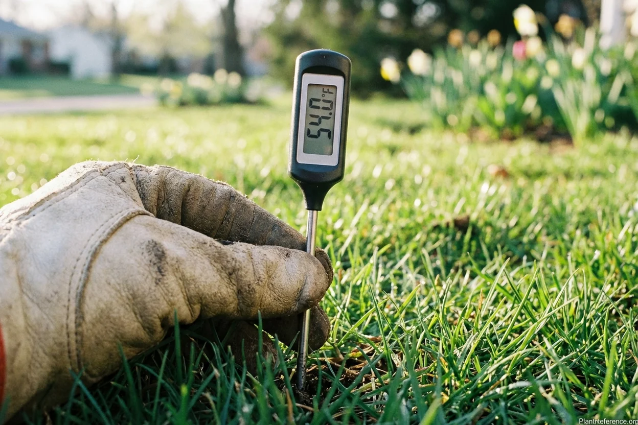 Soil thermometer reading temperature at 2-inch depth in lawn for timing pre-emergent and seeding