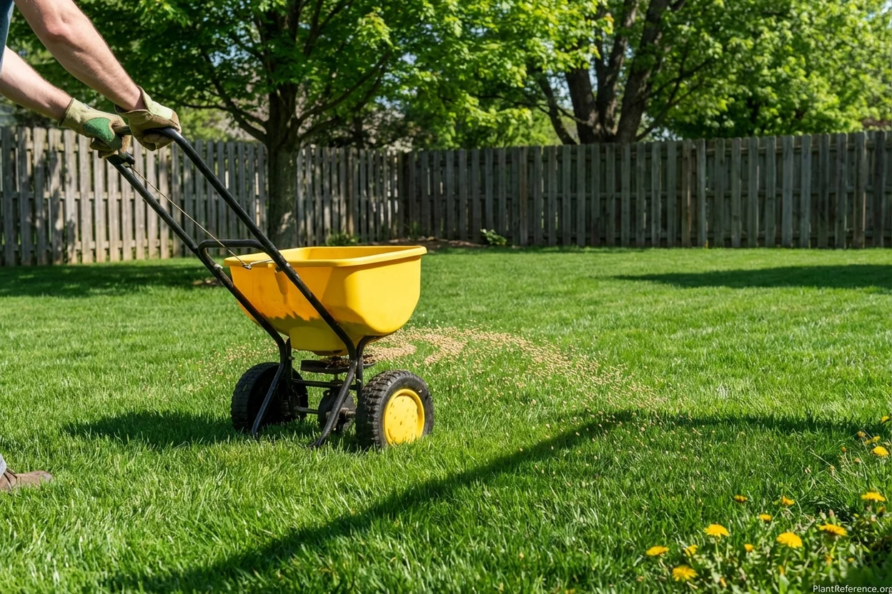 Broadcast spreader applying granular fertilizer to cool-season lawn during spring maintenance