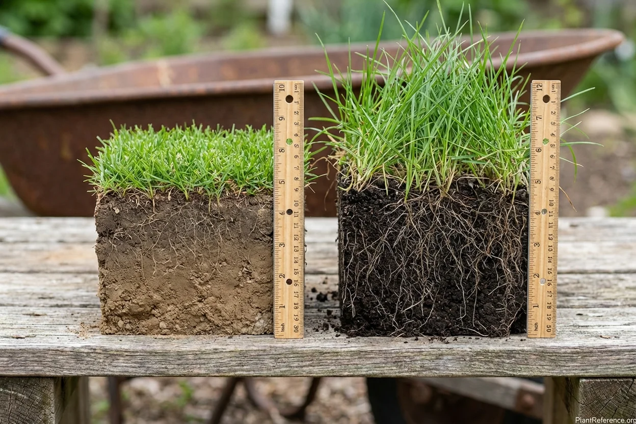 Grass root depth comparison showing deeper roots from taller mowing heights