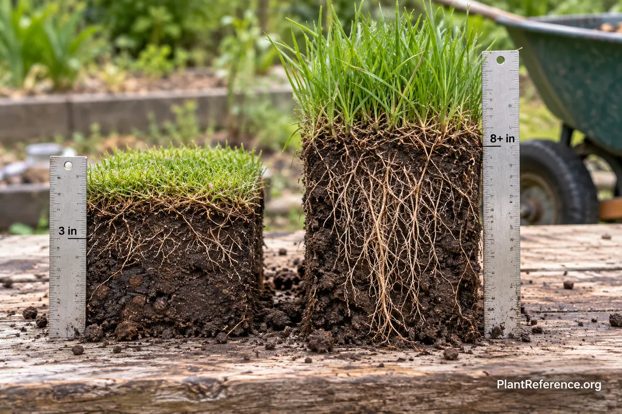 Grass root depth comparison showing deeper roots from taller mowing heights