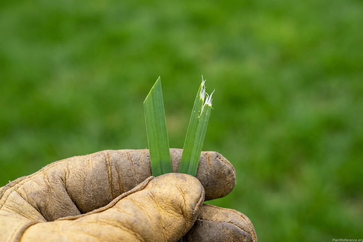 Clean cut grass blade from sharp mower compared to ragged torn blade from dull mower
