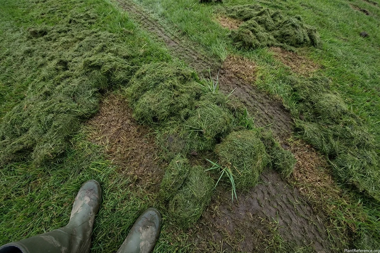 Wet grass clippings clumped on lawn surface showing why mowing wet grass causes problems