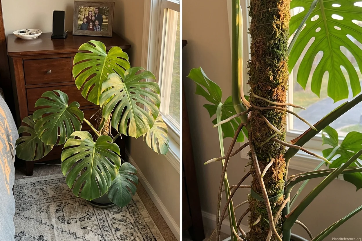 Healthy monstera aerial roots successfully climbing moss pole with active growth tips