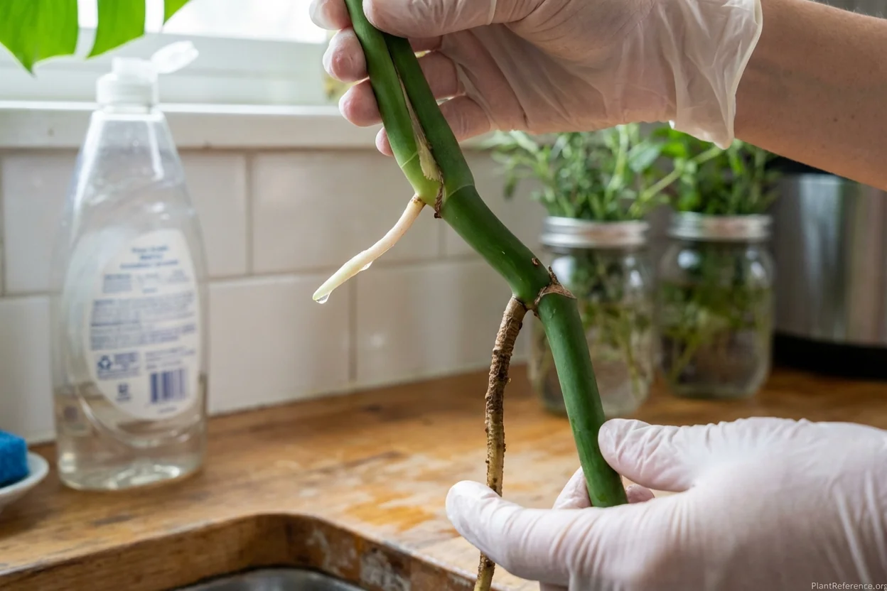 Young white aerial root and mature brown aerial root growing from monstera stem nodes