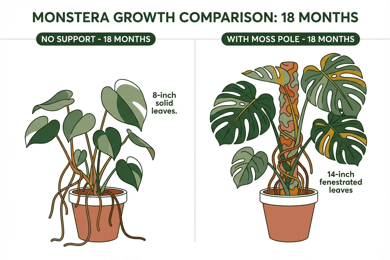 Monstera growth comparison showing larger leaves after training aerial roots to moss pole