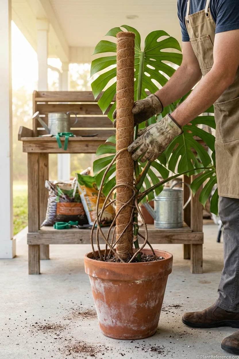 Hands gently wrapping monstera aerial roots around coco coir moss pole for support
