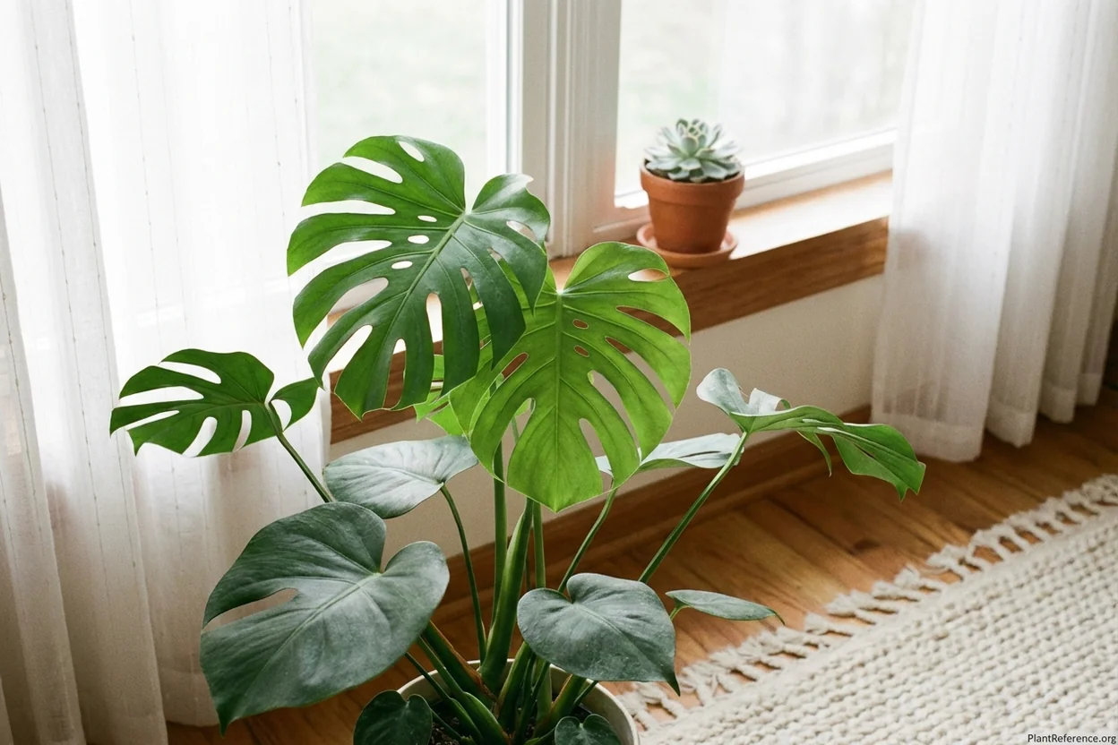 Monstera deliciosa in bright indirect morning light from east window showing proper light conditions for healthy growth
