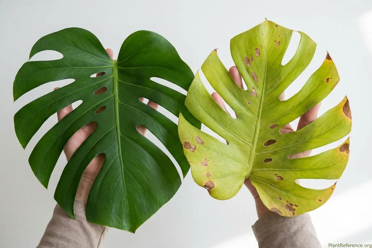 Comparison of healthy monstera leaf with fenestrations next to problematic leaf showing brown spots and yellowing