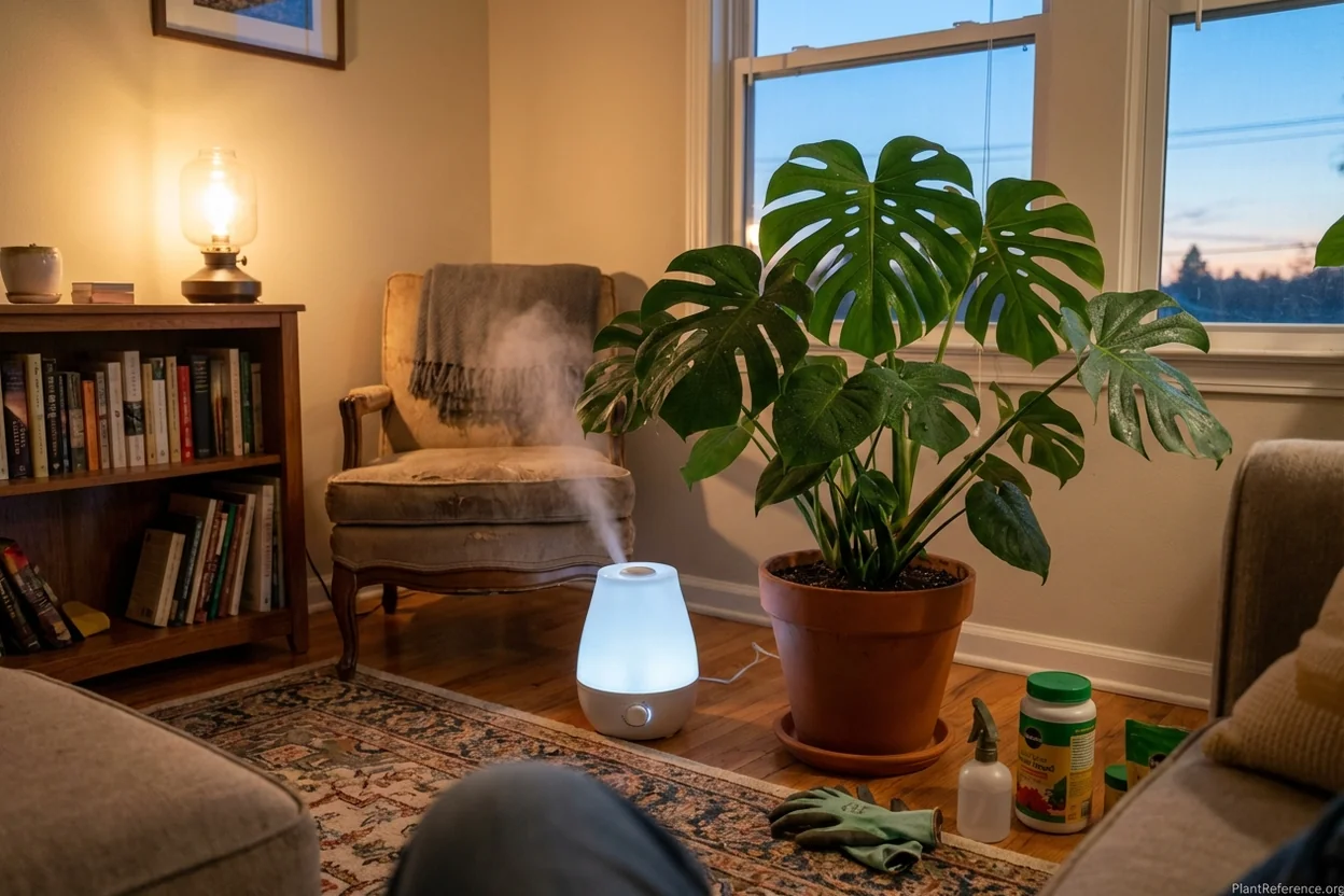 Monstera deliciosa positioned near humidifier in living room corner showing proper humidity management setup