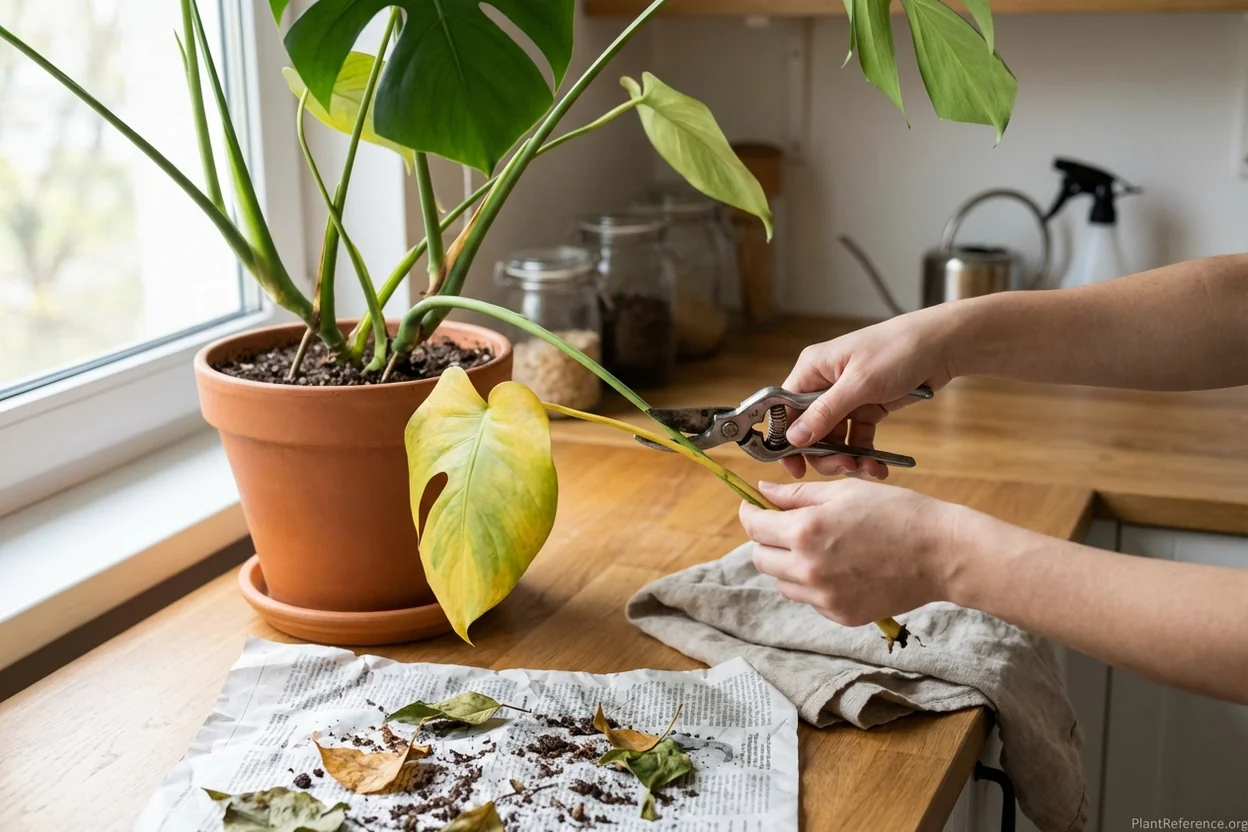 Hands using clean pruning shears to remove yellow monstera leaf at stem base showing proper pruning technique