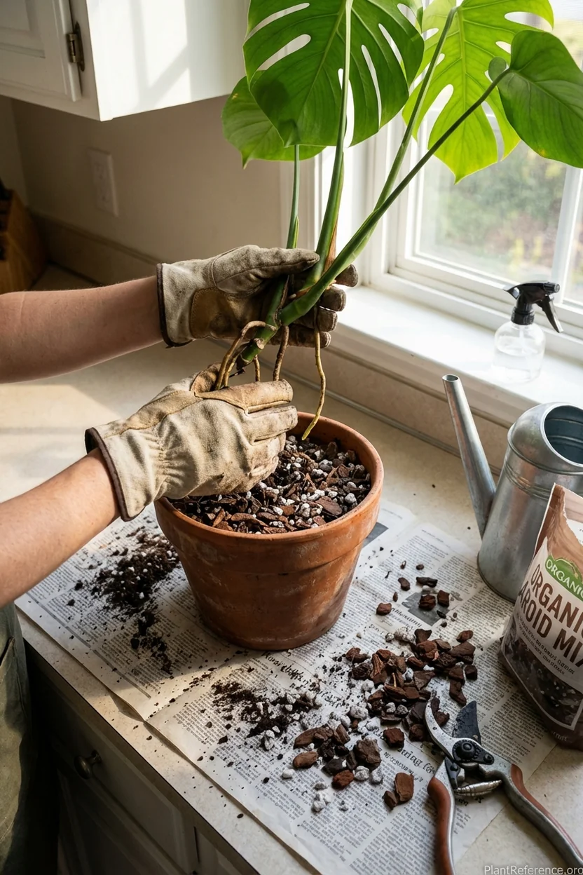 Hands repotting monstera deliciosa in chunky aroid soil mix showing proper drainage and texture for healthy roots
