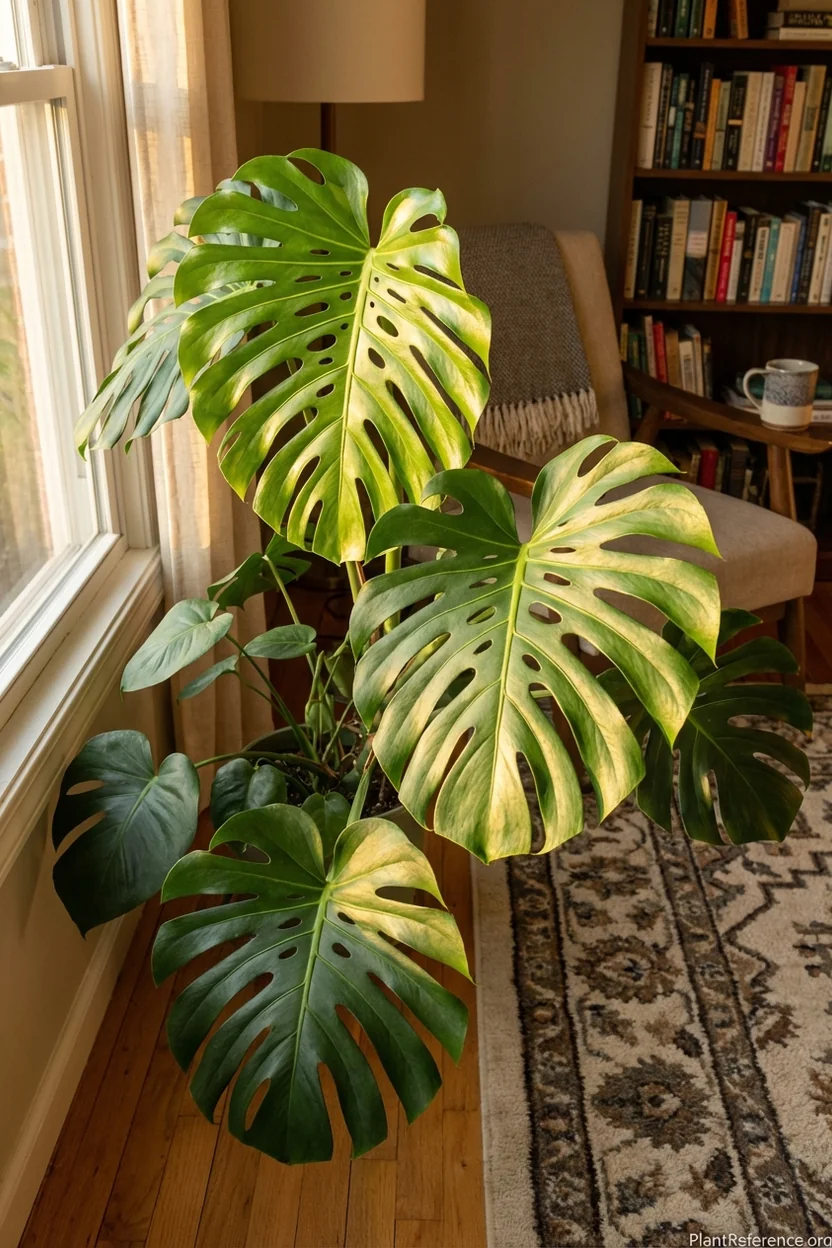 Monstera deliciosa showing seasonal growth patterns with larger summer leaves and smaller winter growth