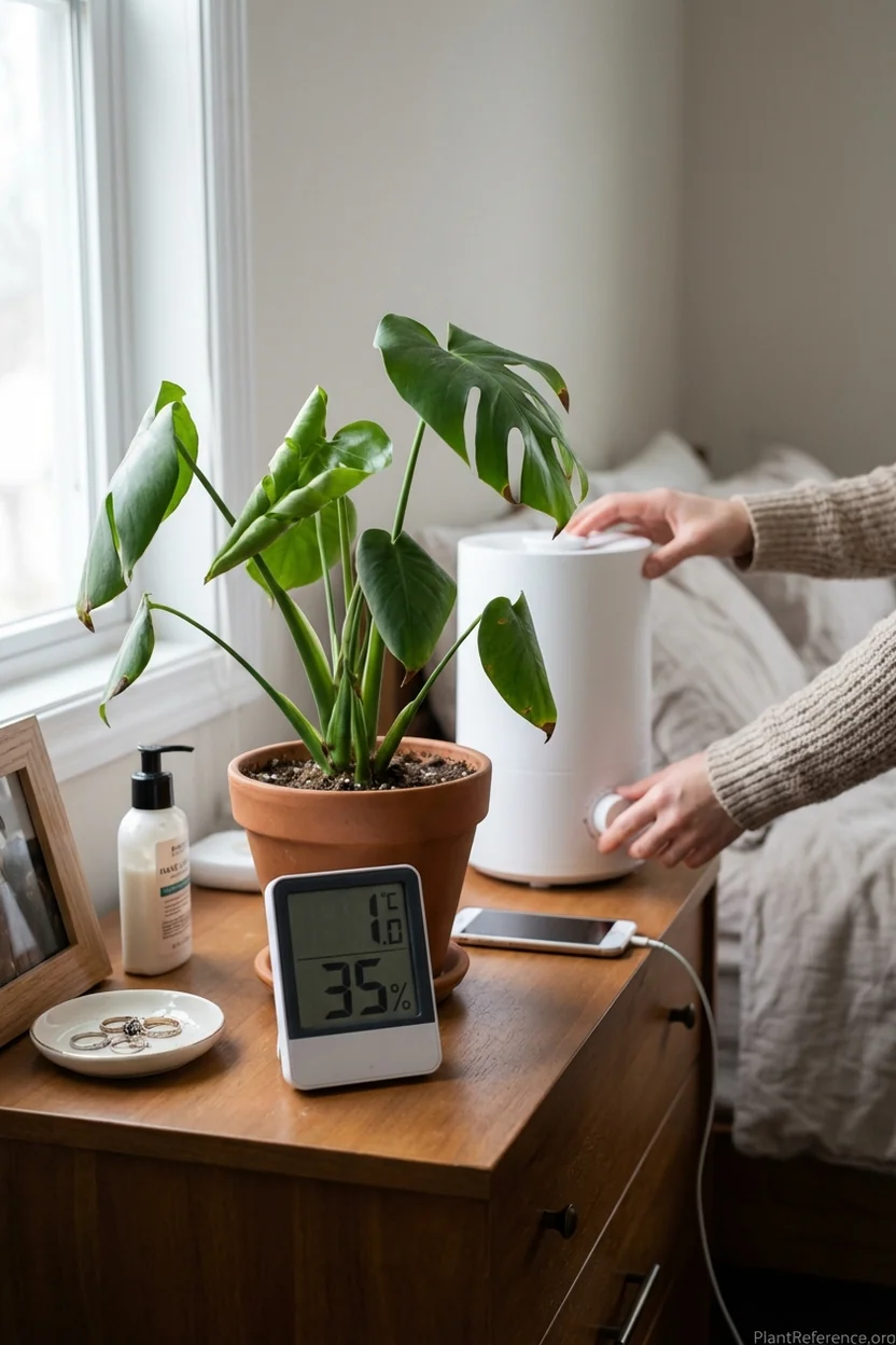 Digital humidity meter displaying 35% next to curled monstera leaves with humidifier being adjusted