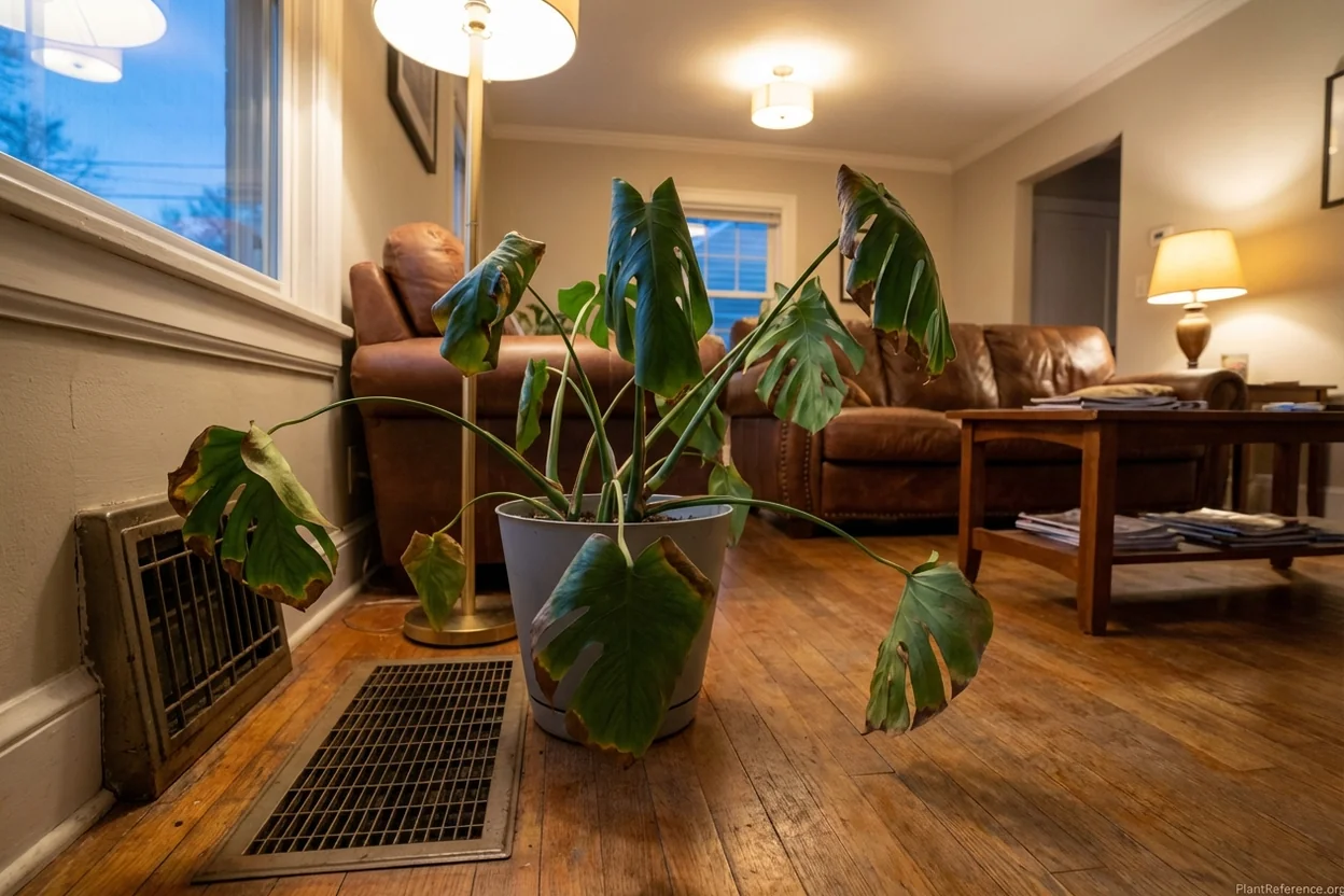 Monstera showing heat stress symptoms positioned too close to heating vent with forced air circulation
