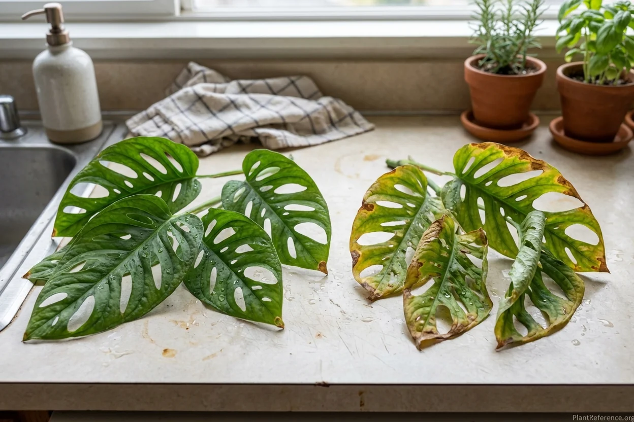 Comparison between healthy flat monstera leaves and severely curled stressed leaves showing diagnostic differences