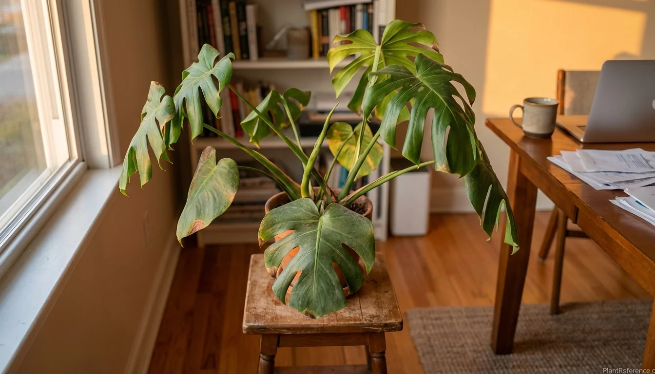 Monstera deliciosa with curled leaves showing stress symptoms requiring diagnosis and treatment
