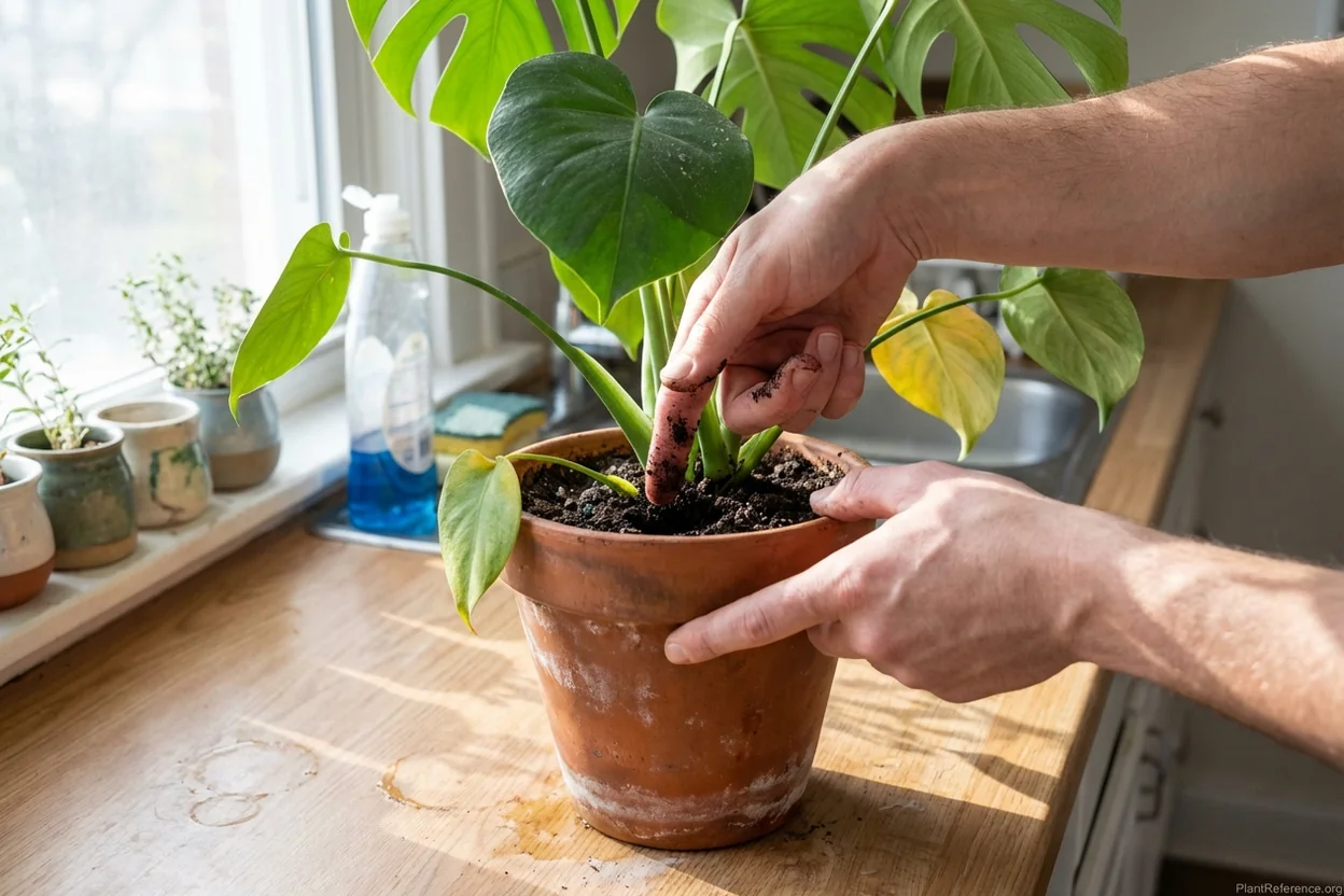 Hands demonstrating proper finger test technique checking soil moisture 2-3 inches deep in monstera pot