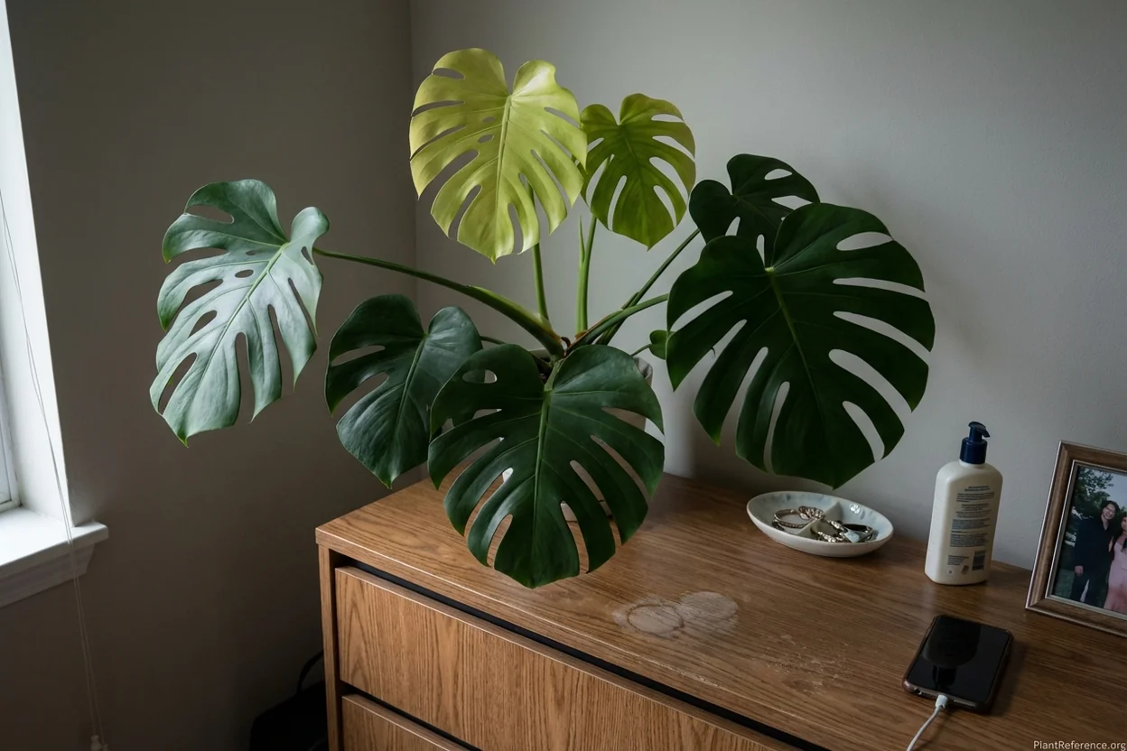 Monstera showing nutrient deficiency with pale yellow new leaves and weak growth