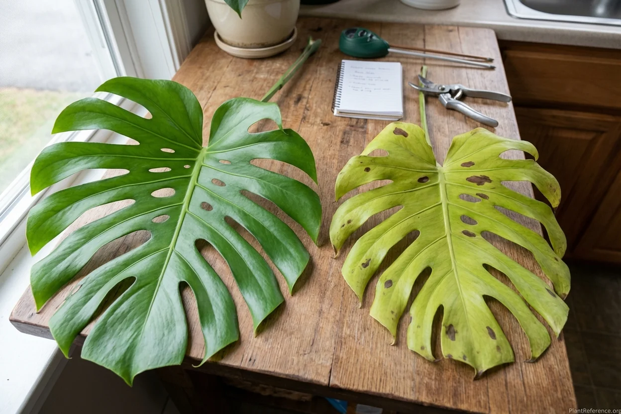 Monstera leaf comparison showing overwatering symptoms with yellow coloring and brown spots