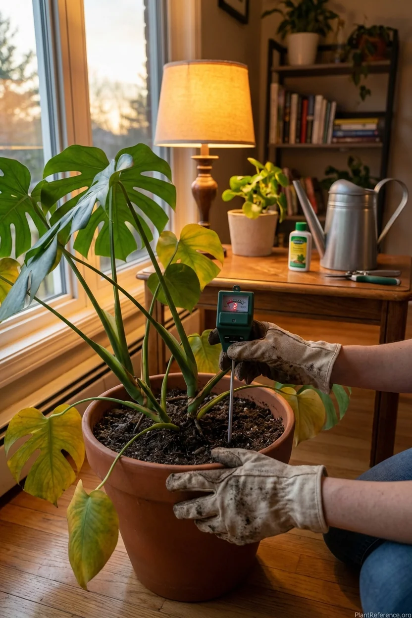 Testing monstera soil moisture with meter showing dry reading for proper watering timing