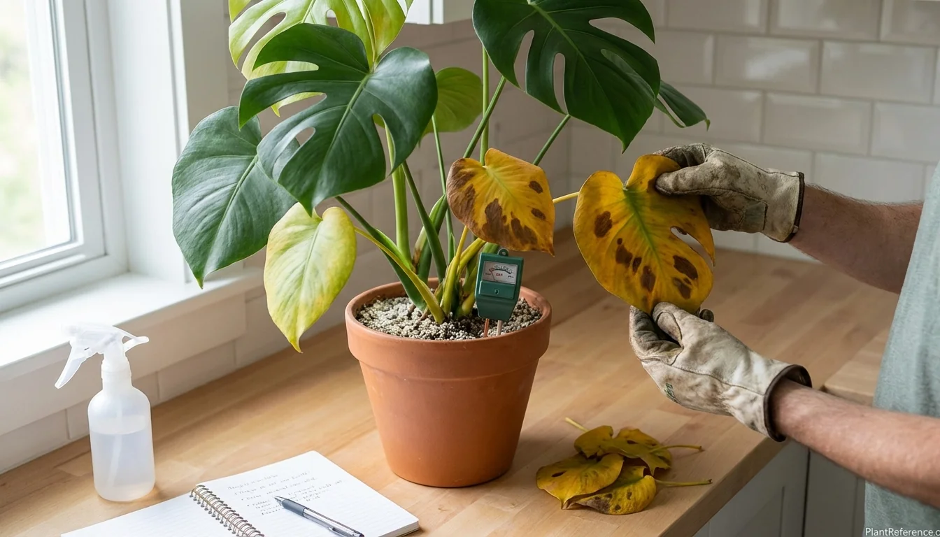 Monstera yellow leaves being examined for overwatering and nutrient deficiency symptoms