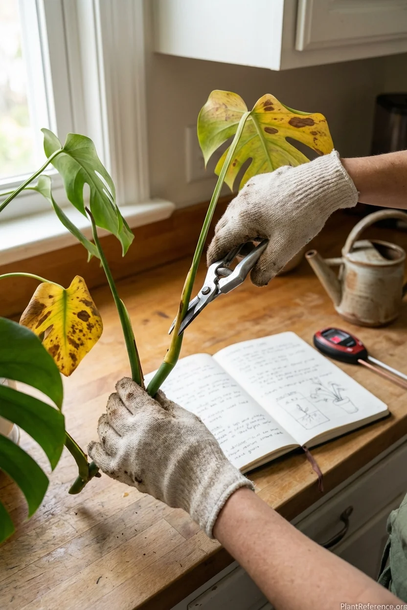 Proper technique for removing yellow monstera leaves with clean pruning shear cuts