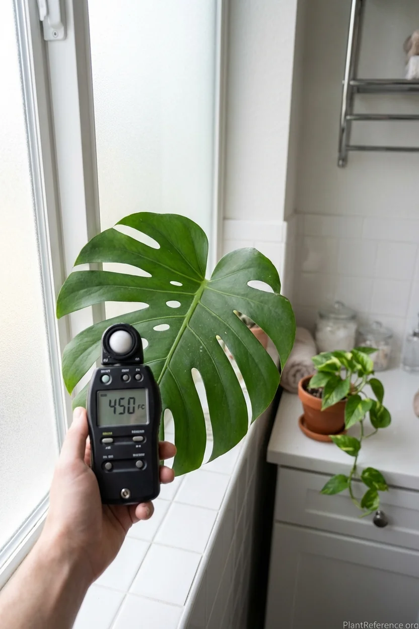 Using digital light meter to measure optimal light levels for monstera plant care