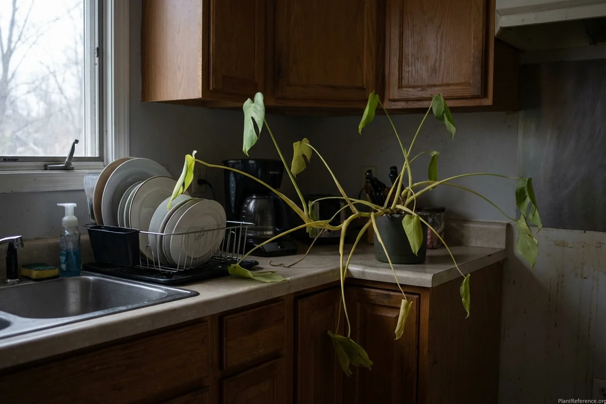Monstera deliciosa showing etiolation symptoms from insufficient light conditions