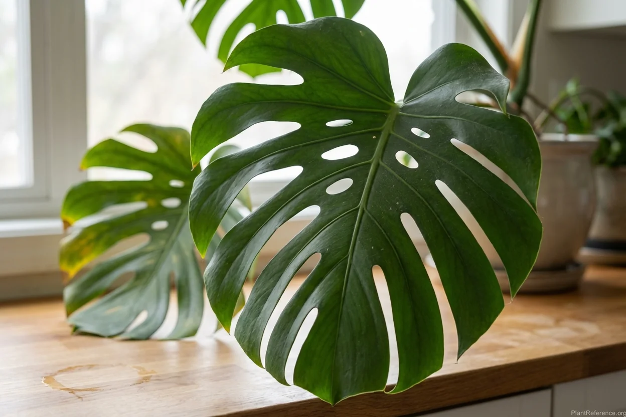 Monstera deliciosa fenestrated leaf demonstrating natural light filtering adaptation