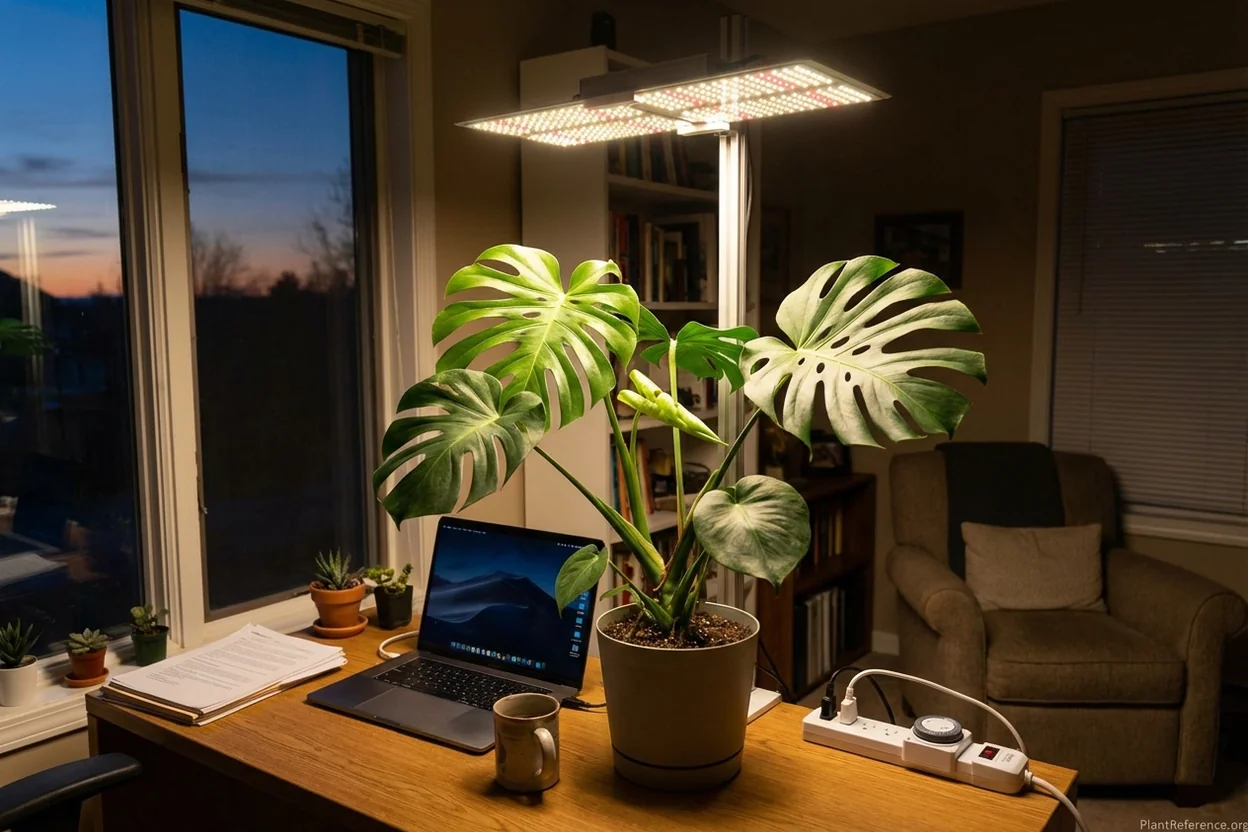 Monstera deliciosa under LED grow light showing proper positioning and healthy growth