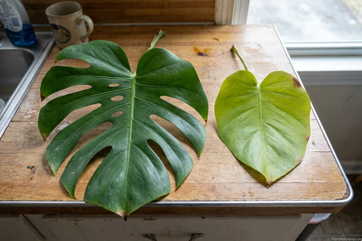 Comparison showing fenestrated monstera leaves vs solid leaves from insufficient light
