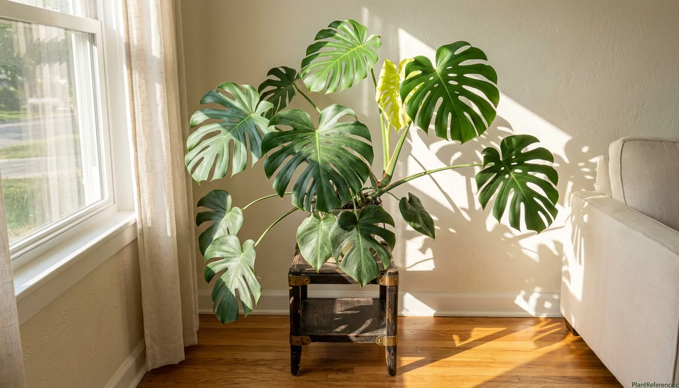 Monstera deliciosa in optimal bright indirect light showing healthy fenestrated leaves