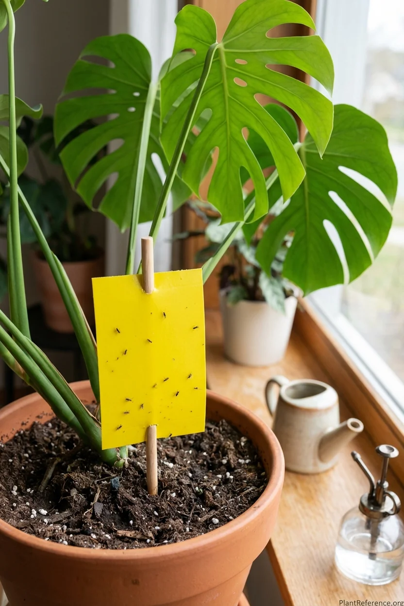 Yellow sticky trap positioned near monstera plant with several small fungus gnats caught on surface