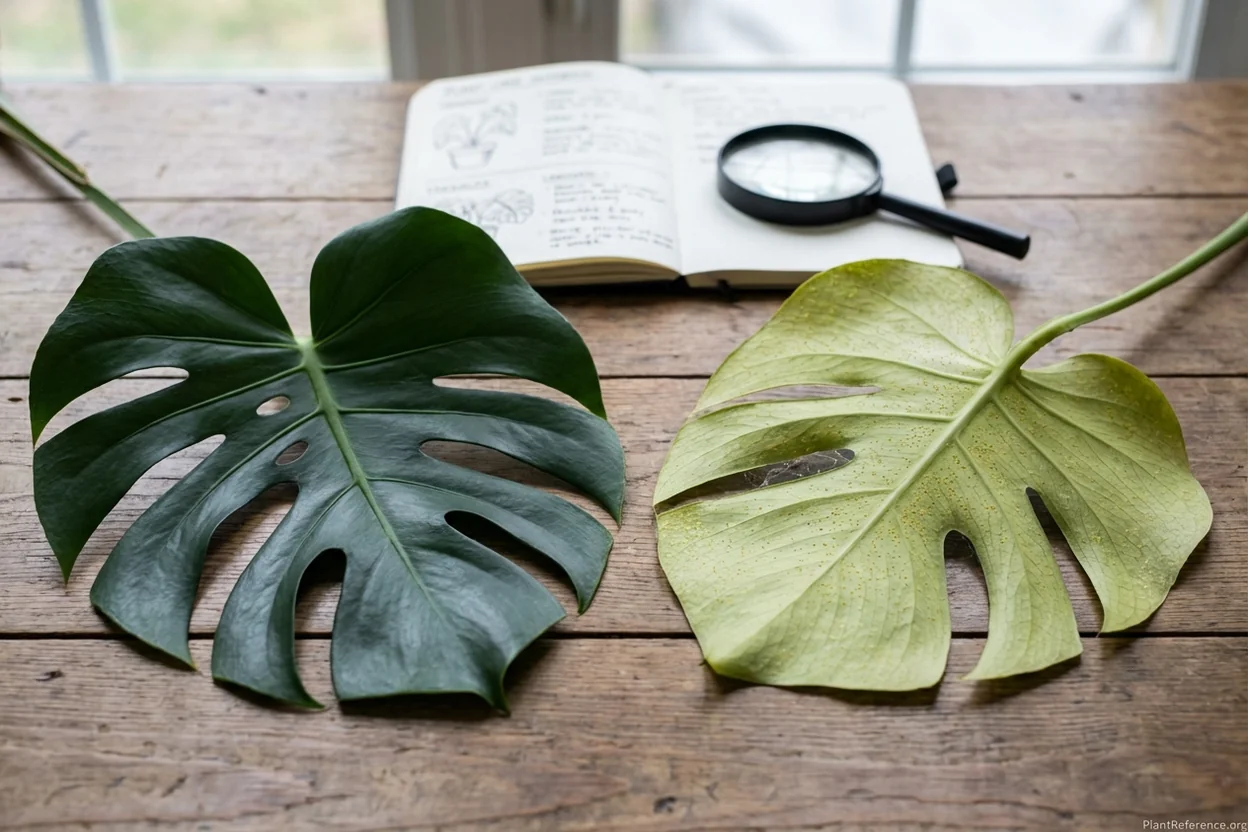 Side-by-side comparison of healthy monstera leaf and pest-damaged leaf showing yellow stippling from spider mites