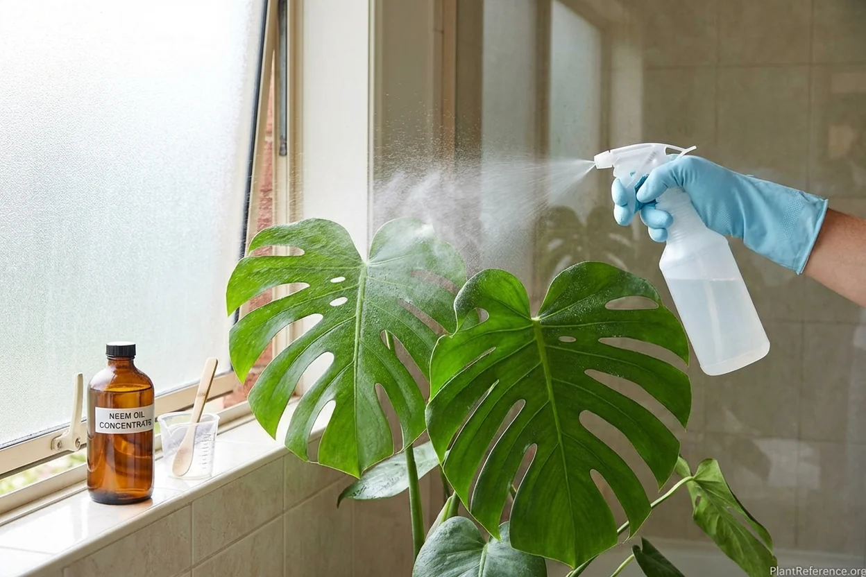 Person applying neem oil spray treatment to monstera leaves for pest control