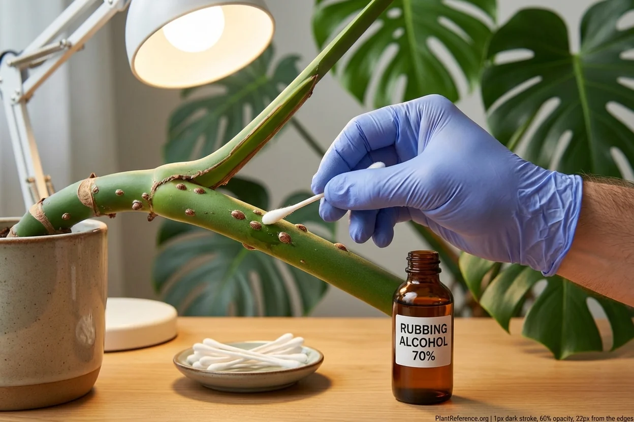 Person using cotton swab dipped in rubbing alcohol to remove brown scale insects from monstera stem