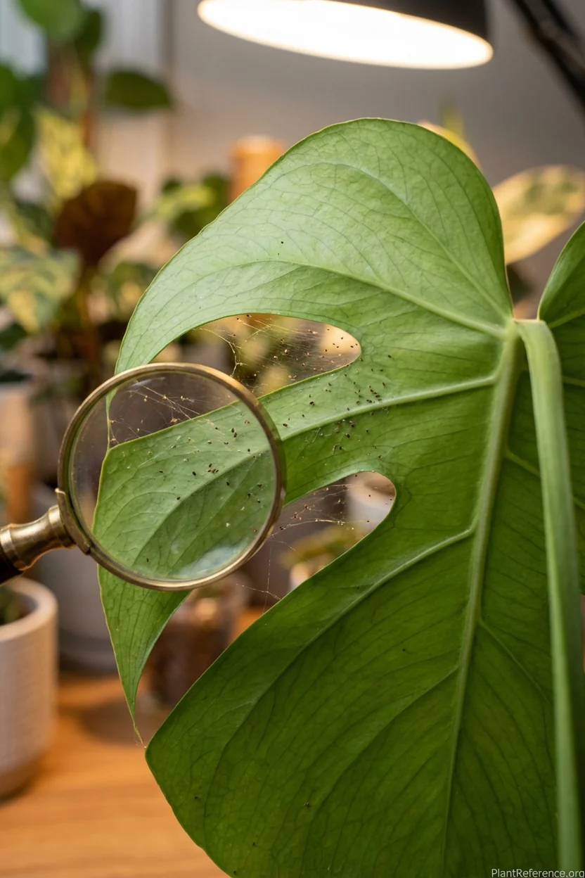Magnified view showing spider mite webbing and tiny mites on underside of monstera leaf