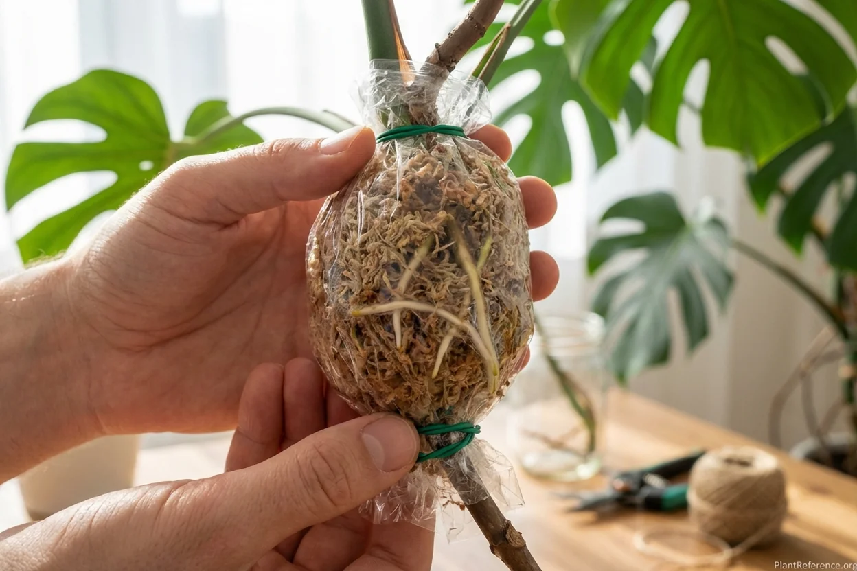 Monstera air layering showing moss ball wrapped in plastic with white roots developing