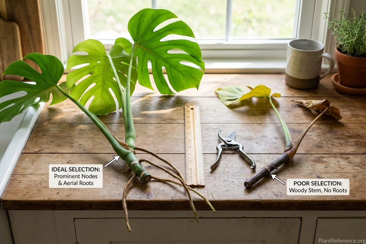 Good vs poor monstera cuttings showing node quality and aerial root development